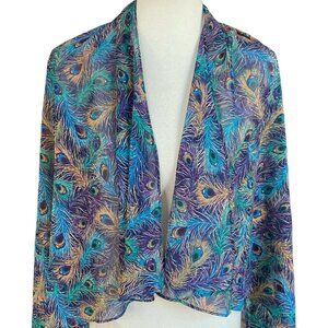 Evening Jacket Sheer Peacock Feathers Cascade Cover Up Open Cardigan Size Small